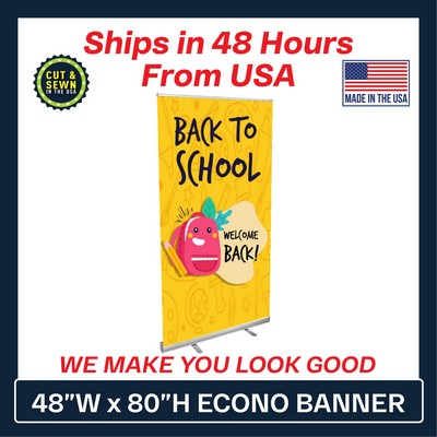 48" Econo Retractable Banner (Graphic & Hardware Package)-(No-Curl Hybrid Media) Printed in the USA