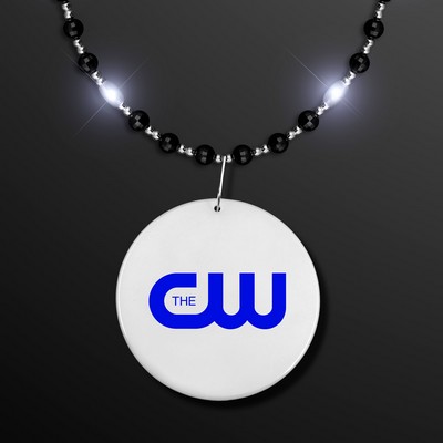 Black Tie Light Beads - White LEDs, Black & Silver Beads with White Medallion - PRINTED